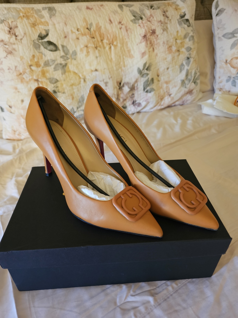 Women's Tan Pointed-Toe Buckle High Heels - Picture 1 of 5